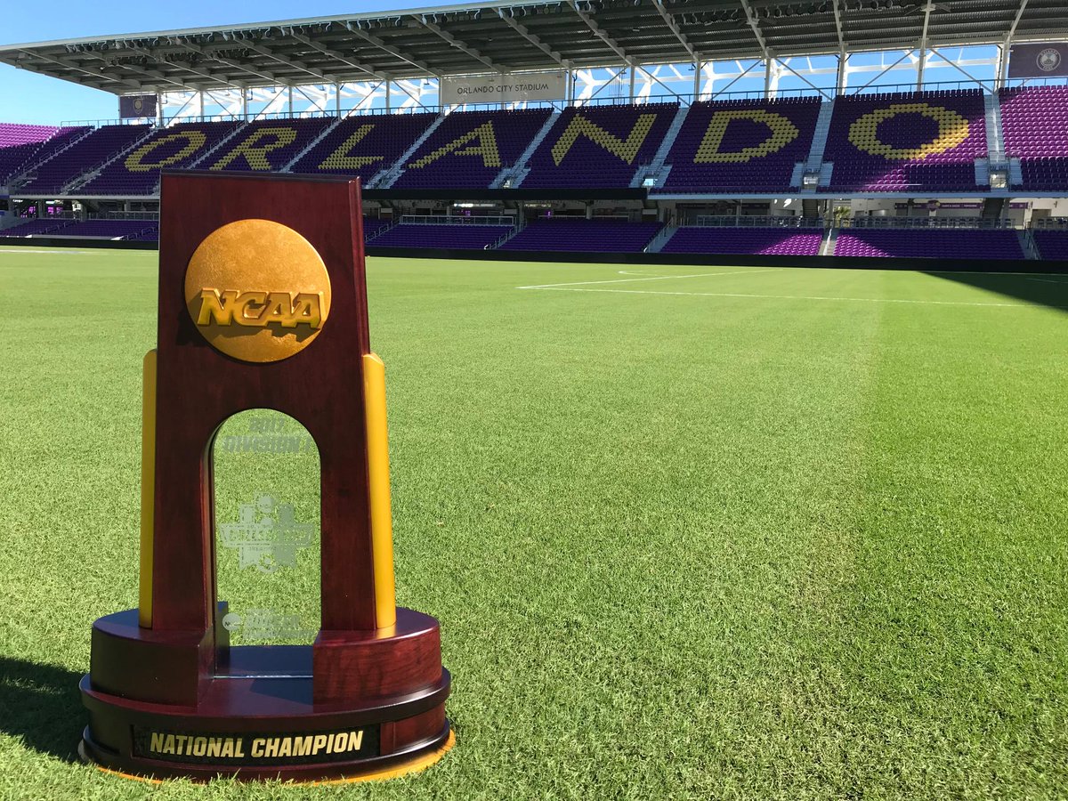 The 2017 NCAA National Championship trophy on display before the Women's College Cup games begin at Orlando City Stadium in Downtown Orlando, Florida